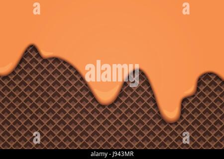flowing caramel cream over chocolate wafer pattern. dessert vector background. tasty, sweet food design. bakery menu decoration with drip ice cream an Stock Vector