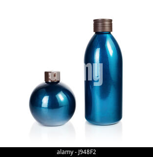 Two blank blue cosmetic bottles on white background. Plastic bottle. Beauty product package. Isolated with clipping path. Stock Photo