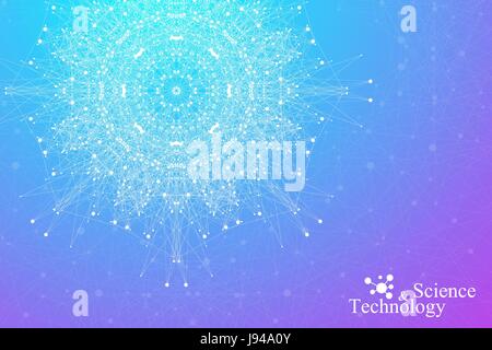 Geometric abstract with connected line and dots, radial graphics. Minimalism chaotic background visualization. Linear sign, symbol. Big data composition. Vector illustration Stock Vector