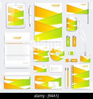 Colorful geometric set of vector corporate identity template. Modern business stationery mock-up. Branding design with green and yellow lines. Stock Vector