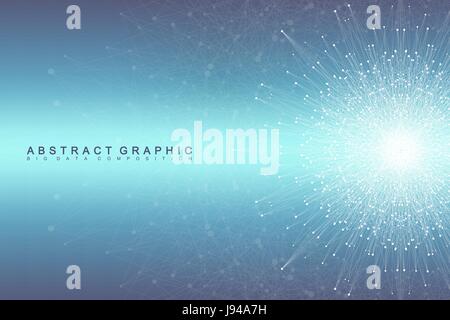 Geometric background molecule and communication. Social network information. Connected line with dots. Big data composition. Perspective visualization, radial graphics. Vector illustration Stock Vector