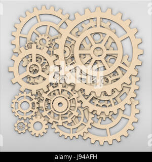 Gears from clock works over light grey metalic plate Stock Photo