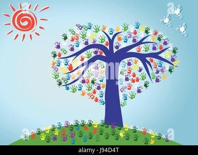 An Abstract heart Tree, Birds and Sun with Colorful Hand Prints on blue sky background , Vector Illustration layered for easily. Stock Vector