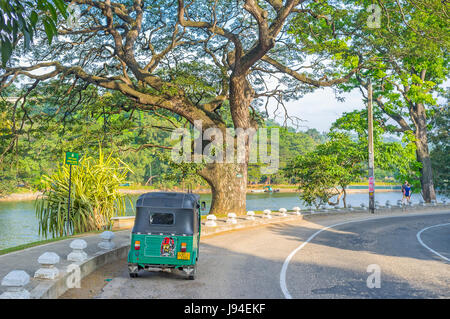 KANDY, SRI LANKA - NOVEMBER 28, 2016: Most of tuk tuk owners paint different pictures on their transport, on November 28 in Kandy. Stock Photo