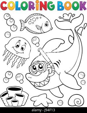 Coloring book with shark snorkel diver - eps10 vector illustration. Stock Vector