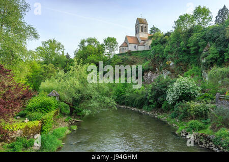 France, Orne, Normandie-Maine Regional Natural Park, Saint-Ceneri-le-Gerei, labelled Les Plus Beaux Villages de France, church and Sarthe river Stock Photo