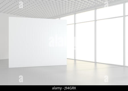 Blank white billboard in empty room with big windows, mock up, 3D Rendering. Stock Photo