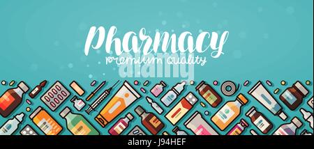 Pharmacy banner. Medicine, medical supplies, hospital concept. Vector illustration in flat style Stock Vector