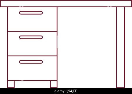 dark red line contour of wooden office desk with drawers Stock Vector