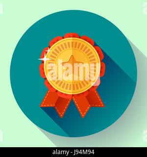 Gold shiny medal with ribbons badge icon. Flat design style. Stock Vector