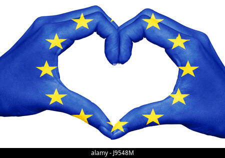 European union flag painted on hands forming a heart isolated on white background, europe concept Stock Photo