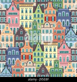 Seamless pattern of Holland old houses facades Stock Vector