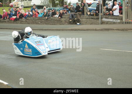 Ramsey, UK. 5th Jun, 2017. Isle of Man TT Races, Sure Sidecar Race. Number 19, Darren Hope and Shaun Parker of the Apache Construction/Bar Logo team at Cruickshanks Corner, Ramsey, Isle of Man. Credit: Louisa Jane Bawden/Alamy Live News. Stock Photo