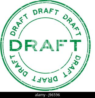Grunge green draft round rubber stamp on white background Stock Vector