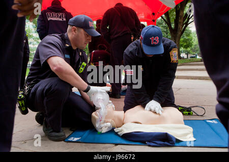Fire and EMS technicians (EMT, Paramedic) performing CPR on CPR manikin (CPR training)  - Washington, DC USA Stock Photo