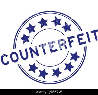 Grunge blue counterfeit with star icon round rubber stamp on white background Stock Vector
