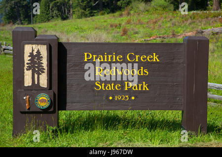 Entrance sign, Prairie Creek Redwoods State Park, Redwood National Park, California Stock Photo