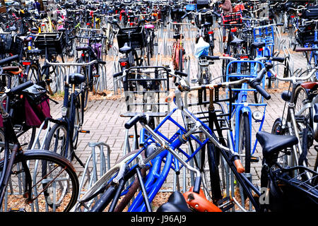 tangle of bikes in bicycle rack in Amsterdam Stock Photo