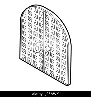 Ancient arched double doors icon, outline style Stock Vector