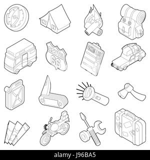 Travel icons set, isometric outline style Stock Vector
