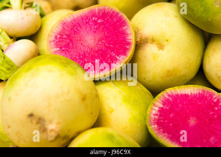 Borough Market London stylish upmarket food greengrocer vegetables water melon Watermelon Radish radishes Stock Photo