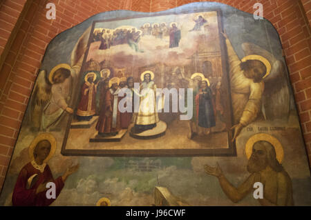 Moscow: the Protecting Veil of the Mother of God with interceding Saints Vasily and Ioann the Blessed, a 1780 icon inside the Saint Basil's Cathedral Stock Photo