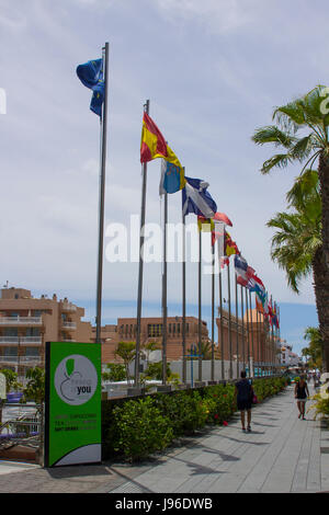 lags of the countries of the European union flying in Playa las Americas in Teneriffe outside the Palacio De Congressos car park Stock Photo