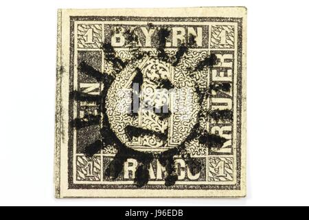 one kreuzer black, first German postage stamp issued in the Kingdom of Bavaria Stock Photo