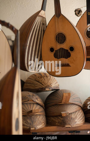 Tradition Turkish handmade Oud for sale in a Istanbul workshop Stock Photo