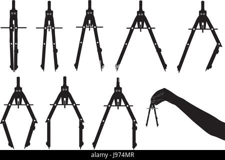 Set of different drawing compasses isolated on white Stock Vector