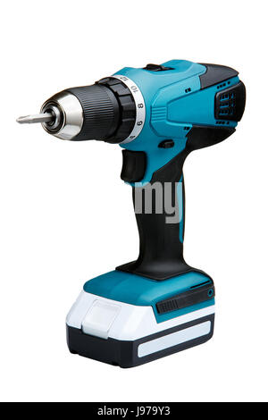 Blue cordless screwdriver with a drill isolated on white background Stock Photo