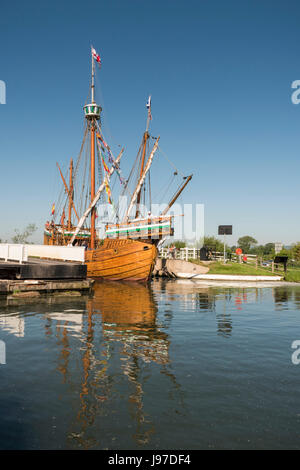 The Matthew passes through a lock at Slimbridge on the Sharpness Canal in Gloucestershire Stock Photo