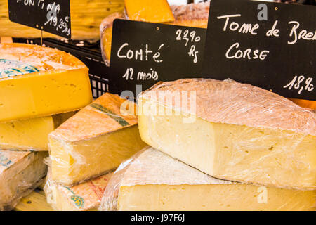 A display of cheeses at Cours Lafayette Market in Toulon, France. Stock Photo