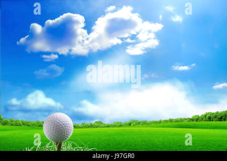 Golf ball and tee on green grass, beautiful bright blue sky Stock Photo