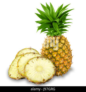 Fresh Yellow Organic whole Pineapple and cut into slices, Isolated against a bright white colored background. Stock Photo