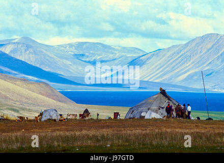 Nomadic Chukchi reindeer herders' yurt encampment on the Chukchi or Chukotka Peninsula, in the Russian Far East. Stock Photo