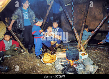 Nomadic Chukchi reindeer herders' yurt encampment on the Chukchi or Chukotka Peninsula, in the Russian Far East. Stock Photo