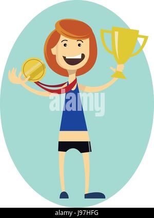 Woman runner wins. Sport girl holding gold medal in the hand. Sporting Achievement. Vector illustration on blue background in ellipse Stock Vector