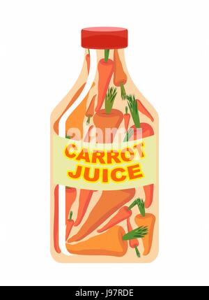 Carrot juice. Juice from fresh vegetables. Carrots in a transparent bottle. Vitamin drink for healthy eating. Vector illustration. Stock Vector