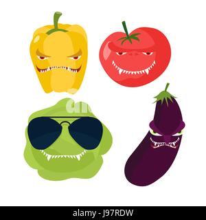 Scary vegetables. Cabbage in glasses, horrible pepper, ferocious tomato. Vector illustration Stock Vector