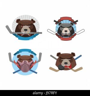 Hockey logo bear set. Muzzle animals with sticks for ice hockey team. Fierce and angry animals. Vector illustration logo Stock Vector