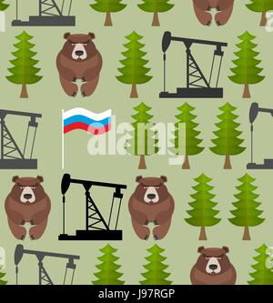Russian seamless pattern. Bears and forest. Oil rig and a Russian flag. Patriotic background. Vector illustration Stock Vector