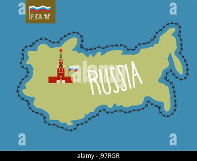 Russia Map. Russia surrounded by barbed wire. The Kremlin in Moscow. Vector illustration Stock Vector