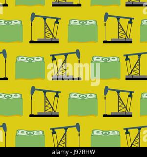 Oil rig and a bundle of money seamless pattern. Vector rich background. A lot of dollars and oil. Stock Vector