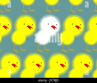 Yellow Chickens stand in a row and among them one white chick. Not like everyone else. Seamless vector background of little chickens Stock Vector