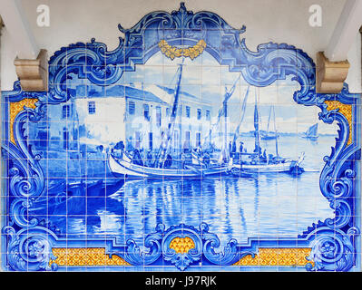 Tiles from the railway station of Vila Franca de Xira depicting the daily life in Ribatejo. Author Jorge Colaço, Portugal Stock Photo