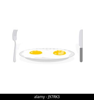 Scrambled eggs. Two fried eggs on plate. Cutlery, fork and knife. Food vector illustration Stock Vector
