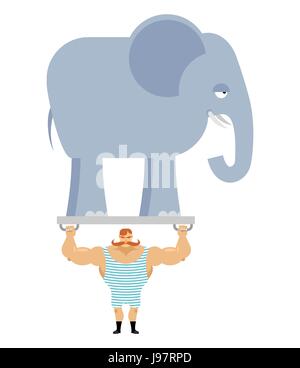 Ancient athlete and elephant. Vintage circus strongman. Bodybuilder with big moustaches acts in circus. Power room with an animal from jungle. Retro s Stock Vector