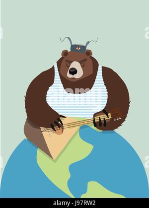 Bear from Russia. In ear flaps, playing the balalaika. Earth Stock Vector