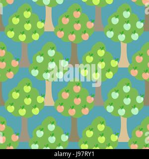 Apple tree seamless pattern. Orchard background. Fall season previews with fruit trees at harvest time. Seamless vector pattern. Stock Vector